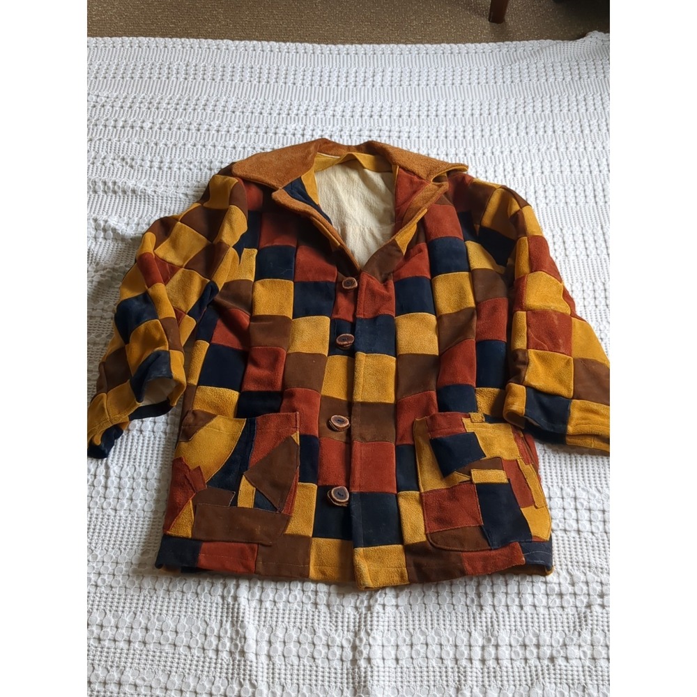 Vtg Suede Leather Patchwork Retro Mod  Checks Hippie Button Jacket Sz Medium